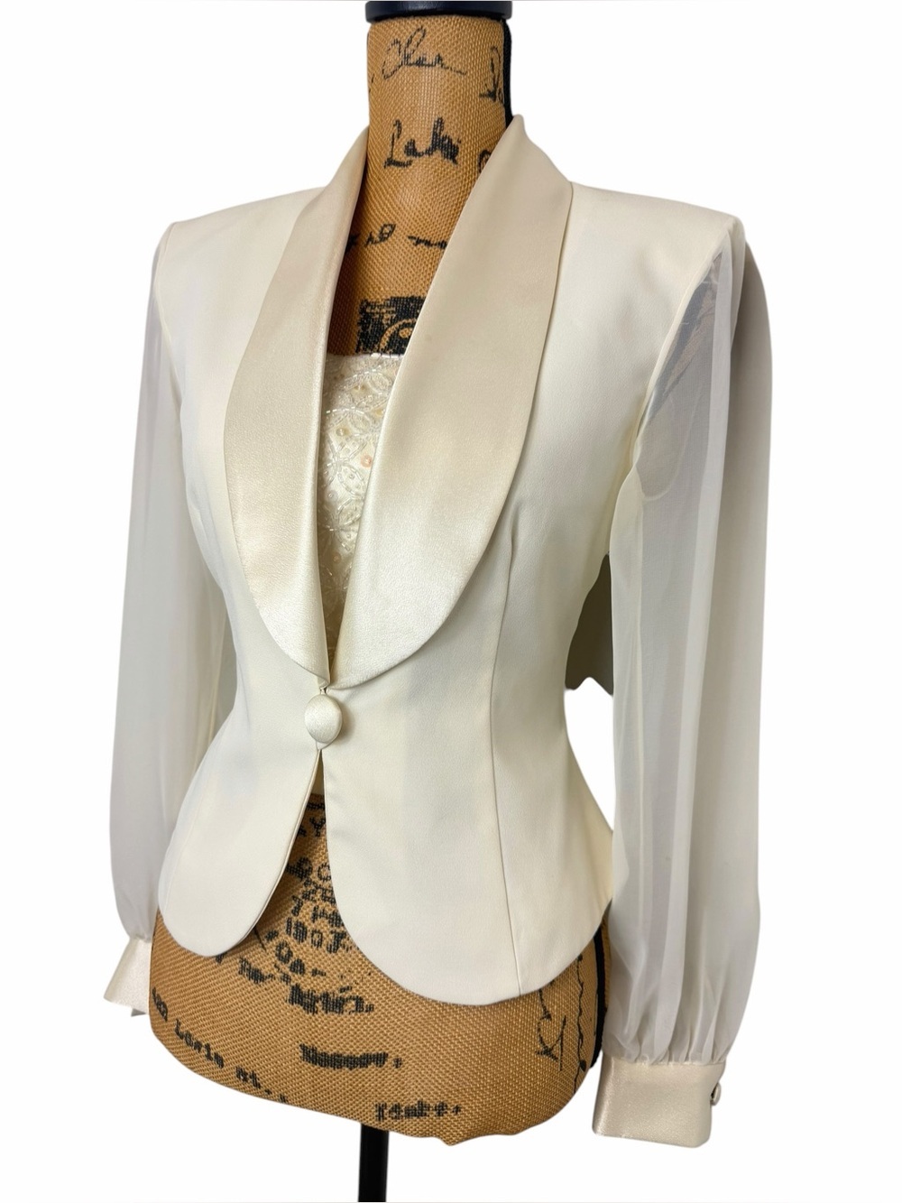 Vintage Ivory Satin Tuxedo Blazer Beaded Illusion Top Sheer Sleeve 10P - Picture 10 of 10